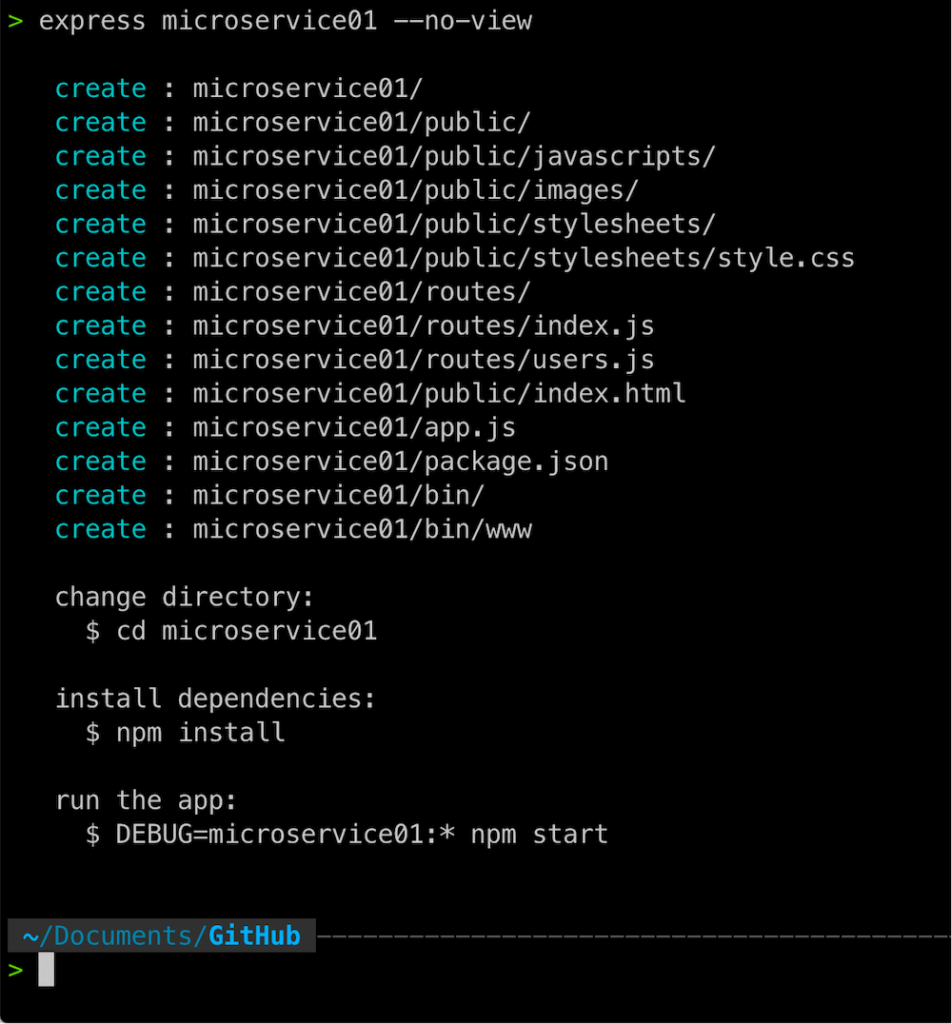 The express generator creates the files and folders for your microservice