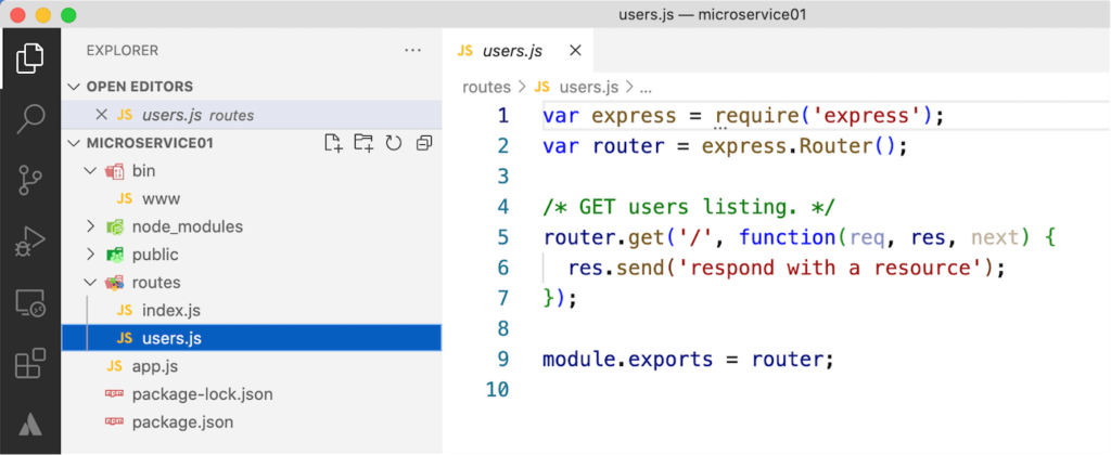 Response is generated from the users.js file in the routes folder
