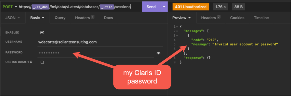 Using your Claris ID username and password doesnn't work with Claris Server Data API