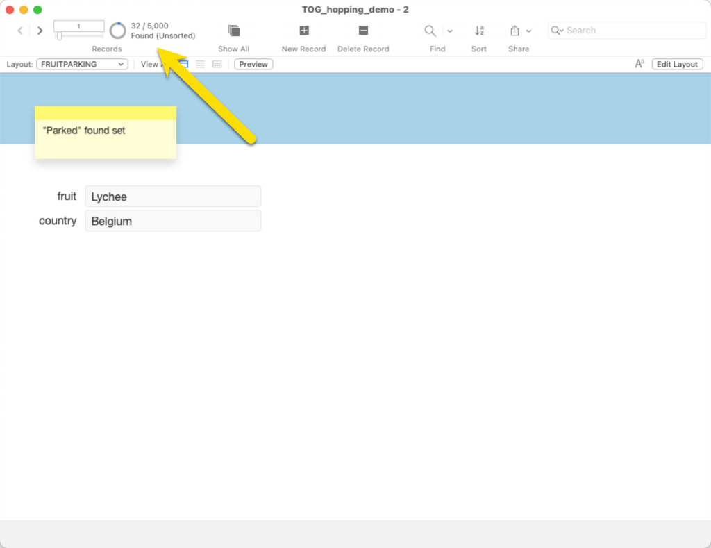 Found set with Fruitparking showing same found set of 32 records