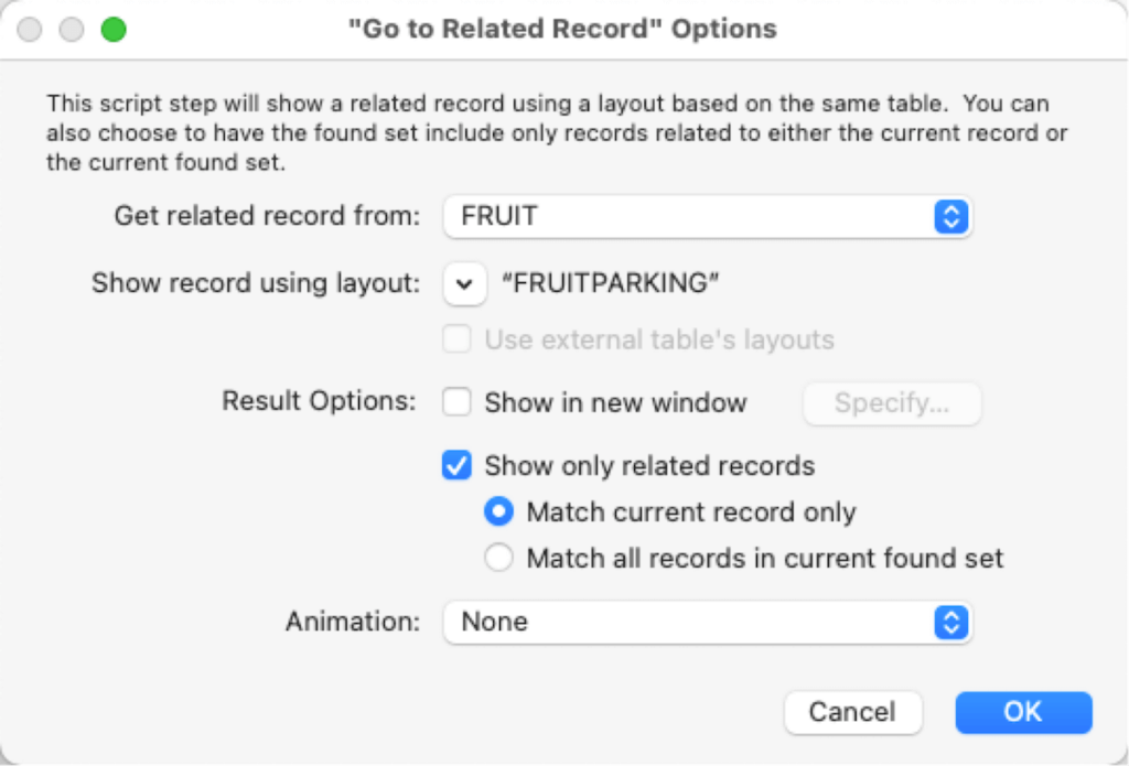 Use Go To Related Records from Fruit to Fruitparking too preserve the 32 records of fruit found set