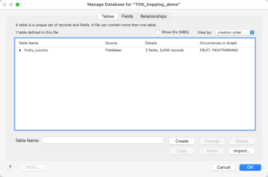 Demo file only has one table with fruits and which country they grow in