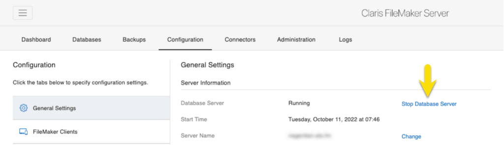 Admin Console up to FileMaker Server 19.5 stops displaying if the Database Server is stopped