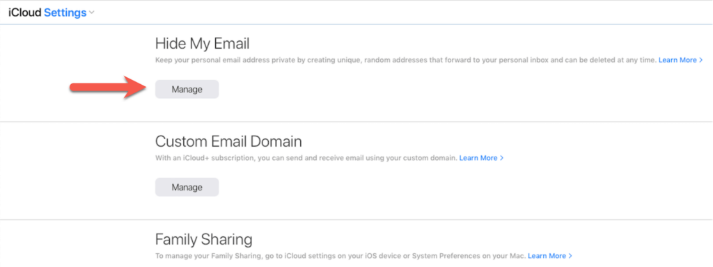 Click on the 'Manage' button for 'Hide My Email' in iCloud Setting to add the alias email