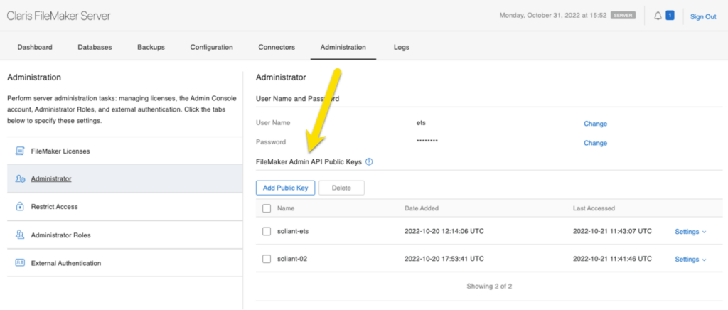 In FileMaker Server 19.6, you can use private/public key pairs to grant access and restrict the validity of that access to the Admin API