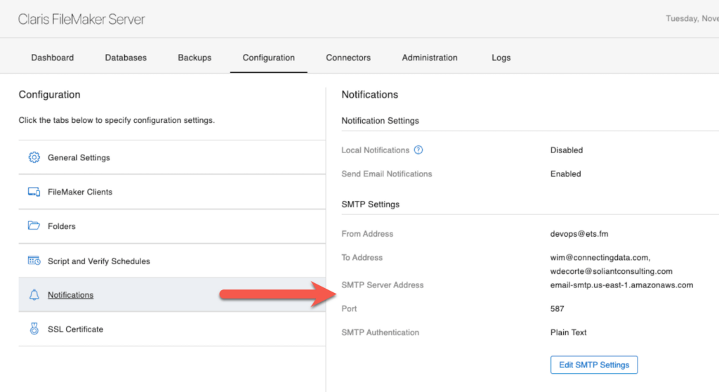 A valid SMTP setup is required for notifications