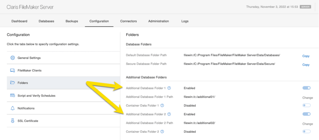 In FIleMaker Server 19.6, you can now configure two additional database folders