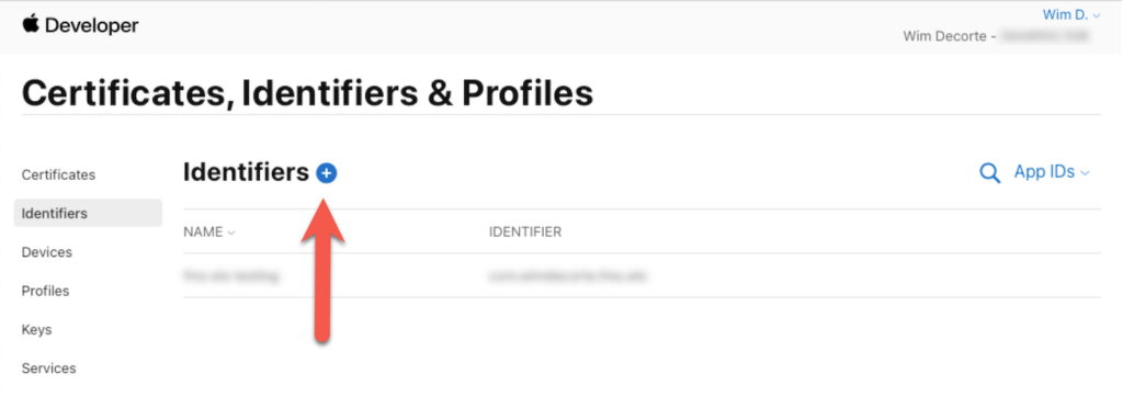 Creating a new identifier on the Apple Developer website