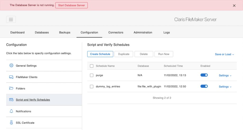 In FileMaker Server 19.6, the Admin Console remains visible when the Database Server is not running