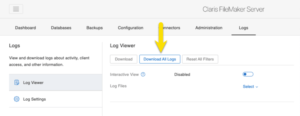 In FileMaker Server 19.6 you can download all of the enabled logs at once