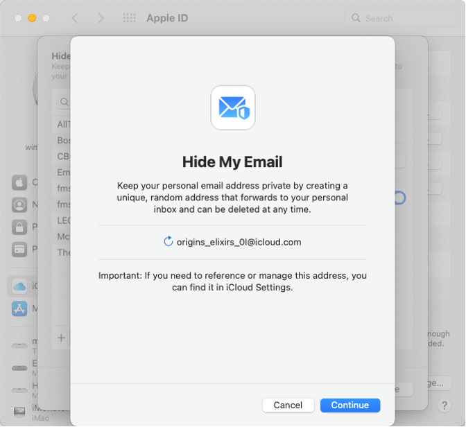 Confirmation window showing fake email added to Hide My Email