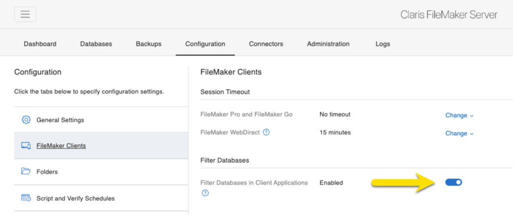 In FIleMaker Server 19.6, File List Filtering is toggled on by default