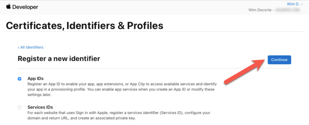 Select App IDs to register a new identifier