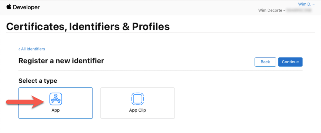 Select 'App' for type to register the new identifier