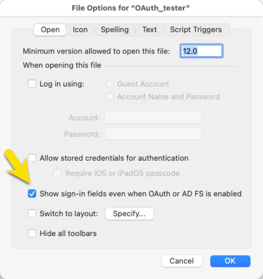'Show sign-in fields even when OAuth or AD FS is enabled' checkbox is marked in FIle Options