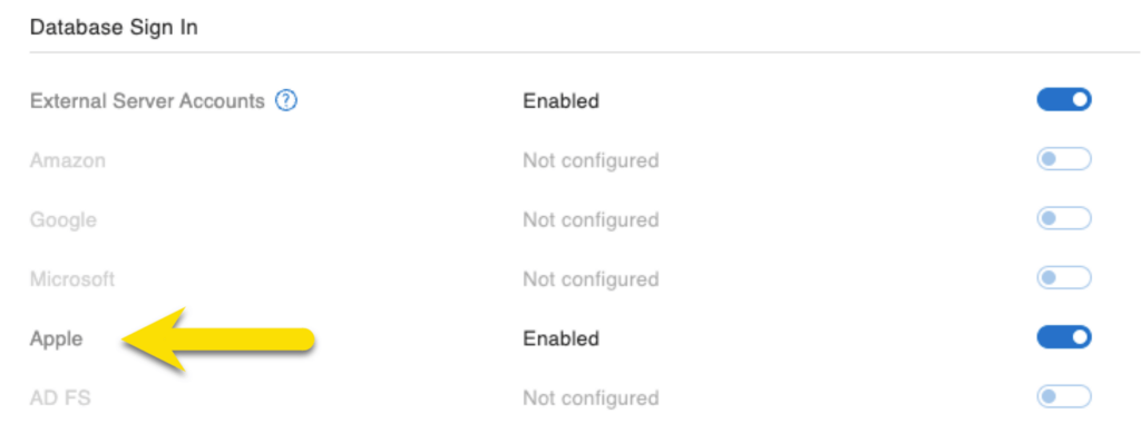 Databse Sign In showing Apple enabled 