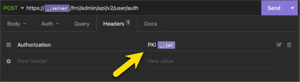 In FileMaker 19.6, use the JWT token in the Authorization header prefixed with 'PKI'