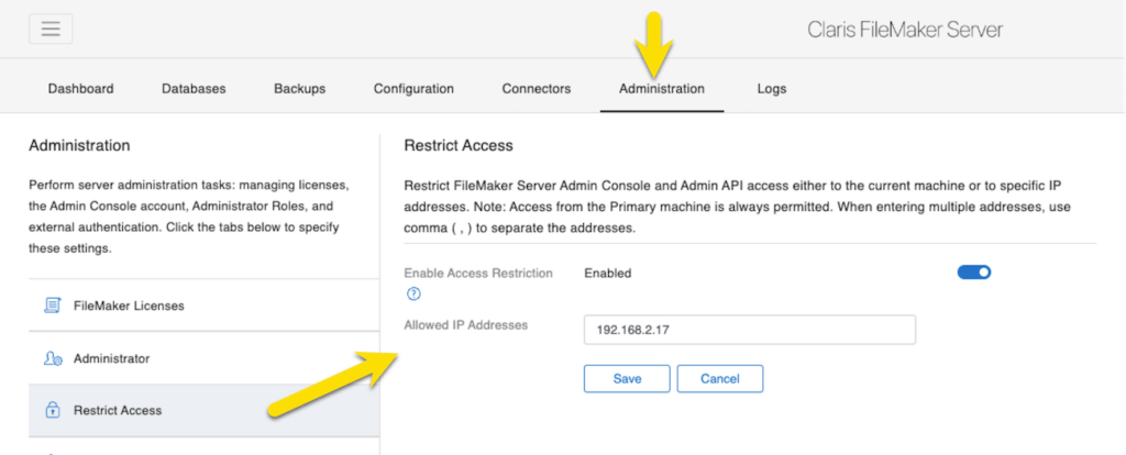 In FileMaker Server 19.6, whitelist which IPs have access to the Admin Console and Admin API