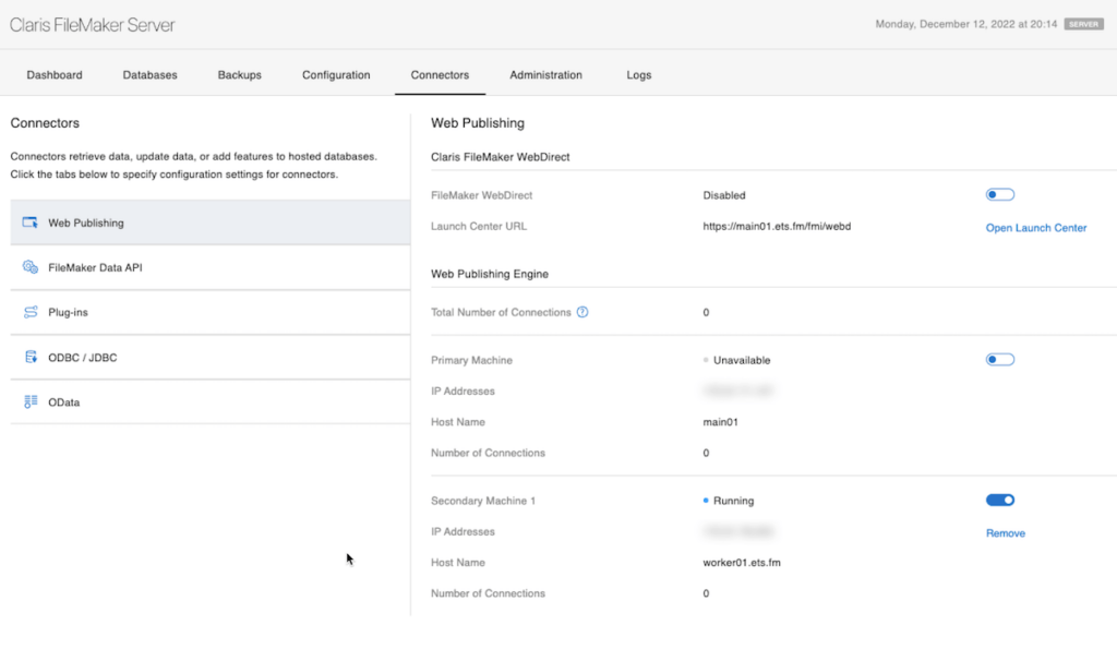 Admin console on the main server showing Web Publishing turned off