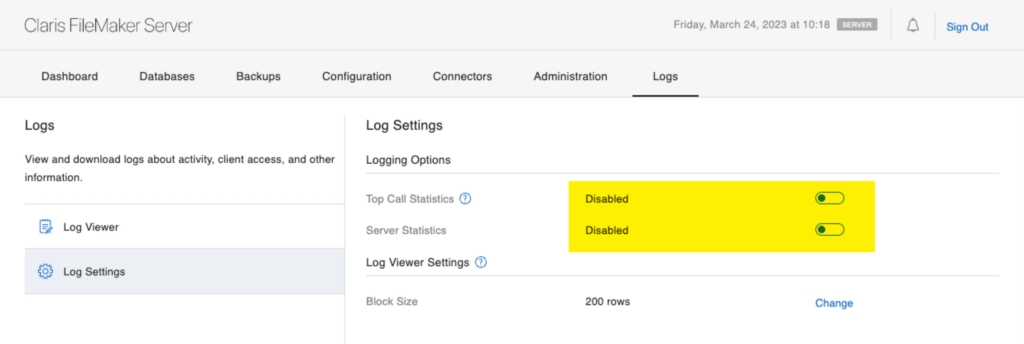 Claris FileMaker Server has logging options turned off by default