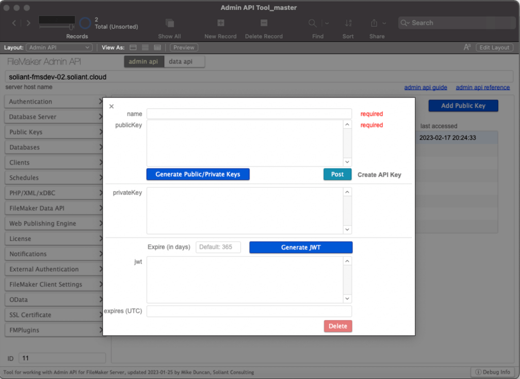 Screenshot showing the modal window where Public and Private keys are generated and posted to the server using the Admin API