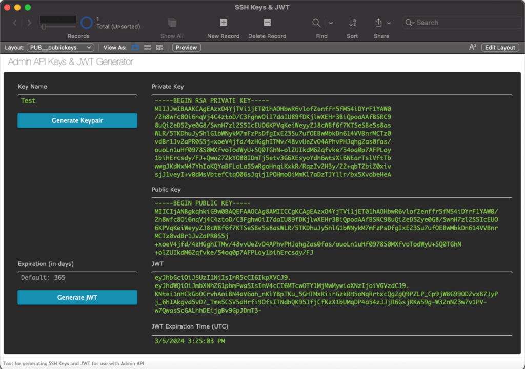 Screeenshot from the SSH Keys  JWT.fmp12 file