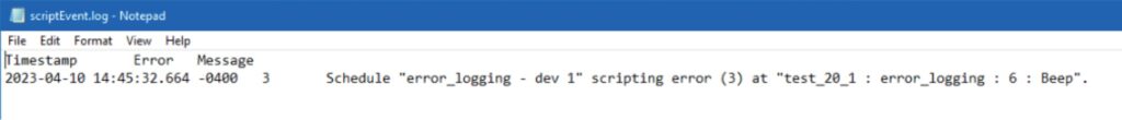 scriptEvent.log that lists the time, number, and information on an error