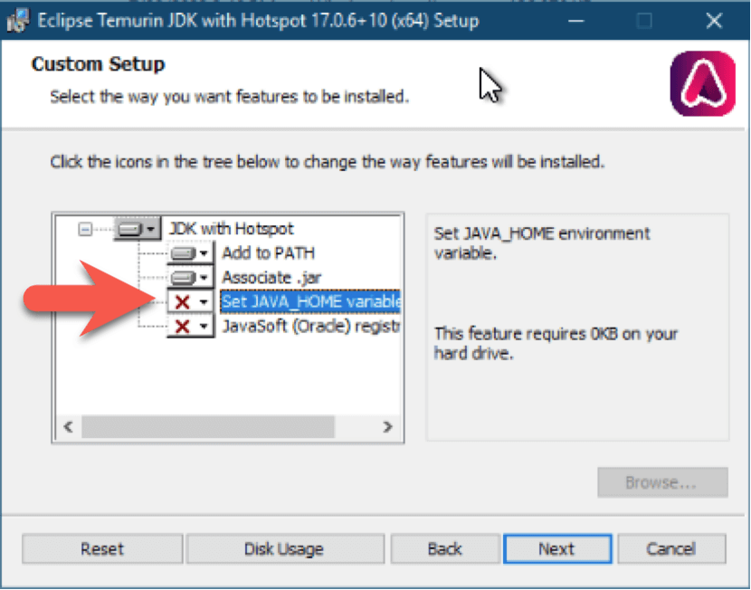 Windows Adoptium installer, JAVA_HOME option is not installed by default