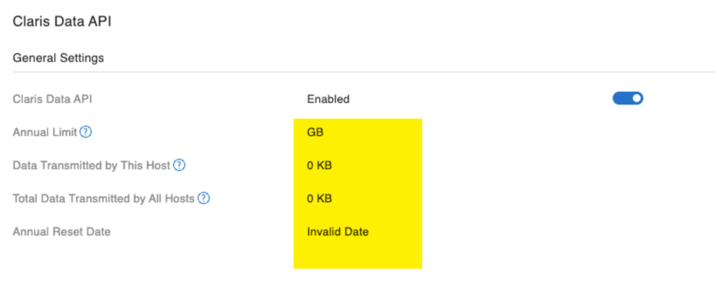 Screenshot of the Claris Server Admin Console indicating there is no annual limit