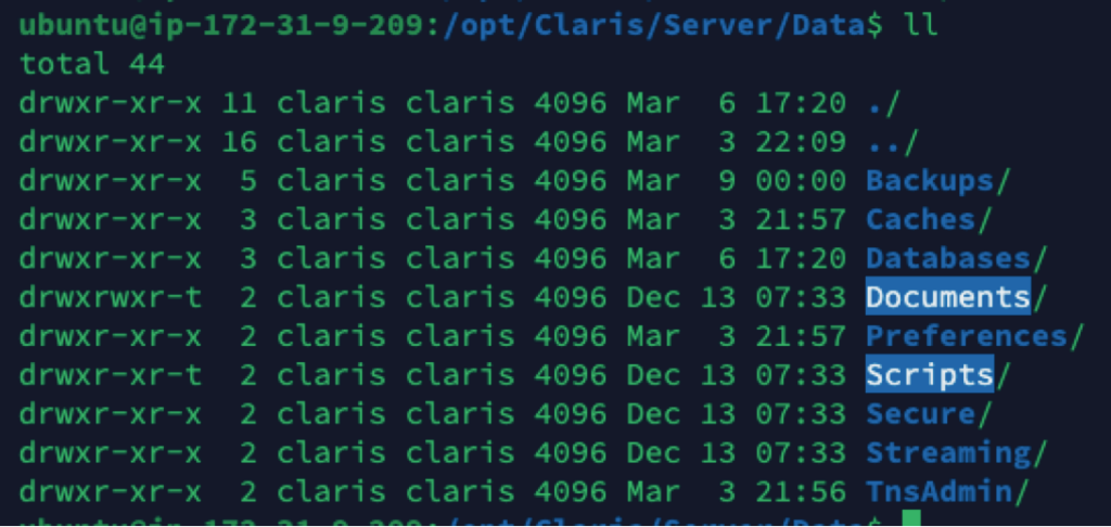 Screenshot showing Claris Server Ubuntu username and group or both is claris
