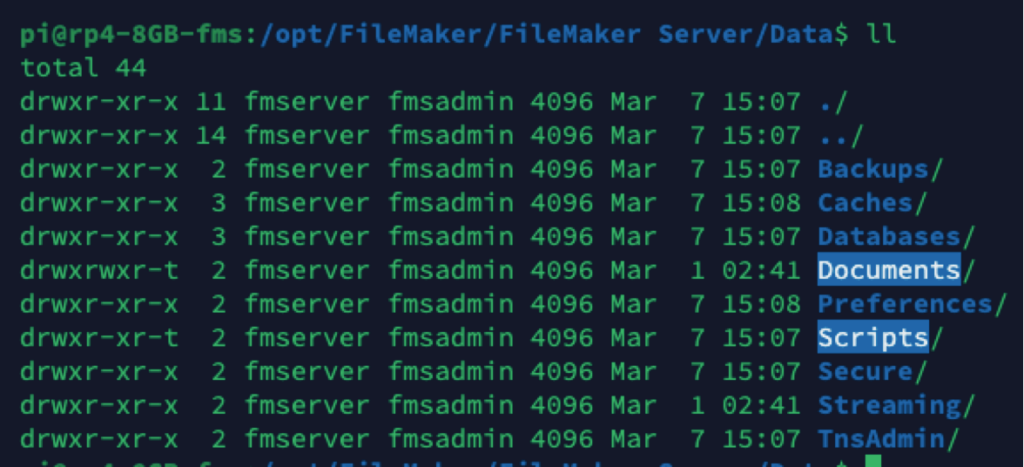 Screenshot of FileMaker showing Ubuntu user name is fmserver of group fmadmin