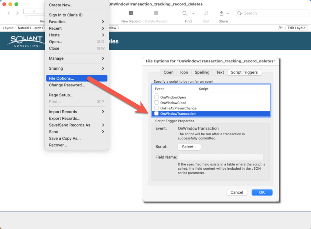 Screenshot showing FileMakers to set the OnFirstWiindowOpen triggers and its siblings