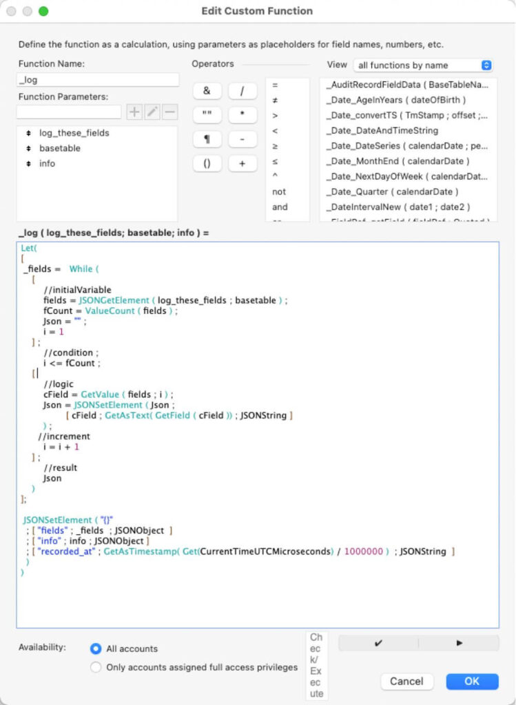 Screenshot of the _log custom function in the demo file