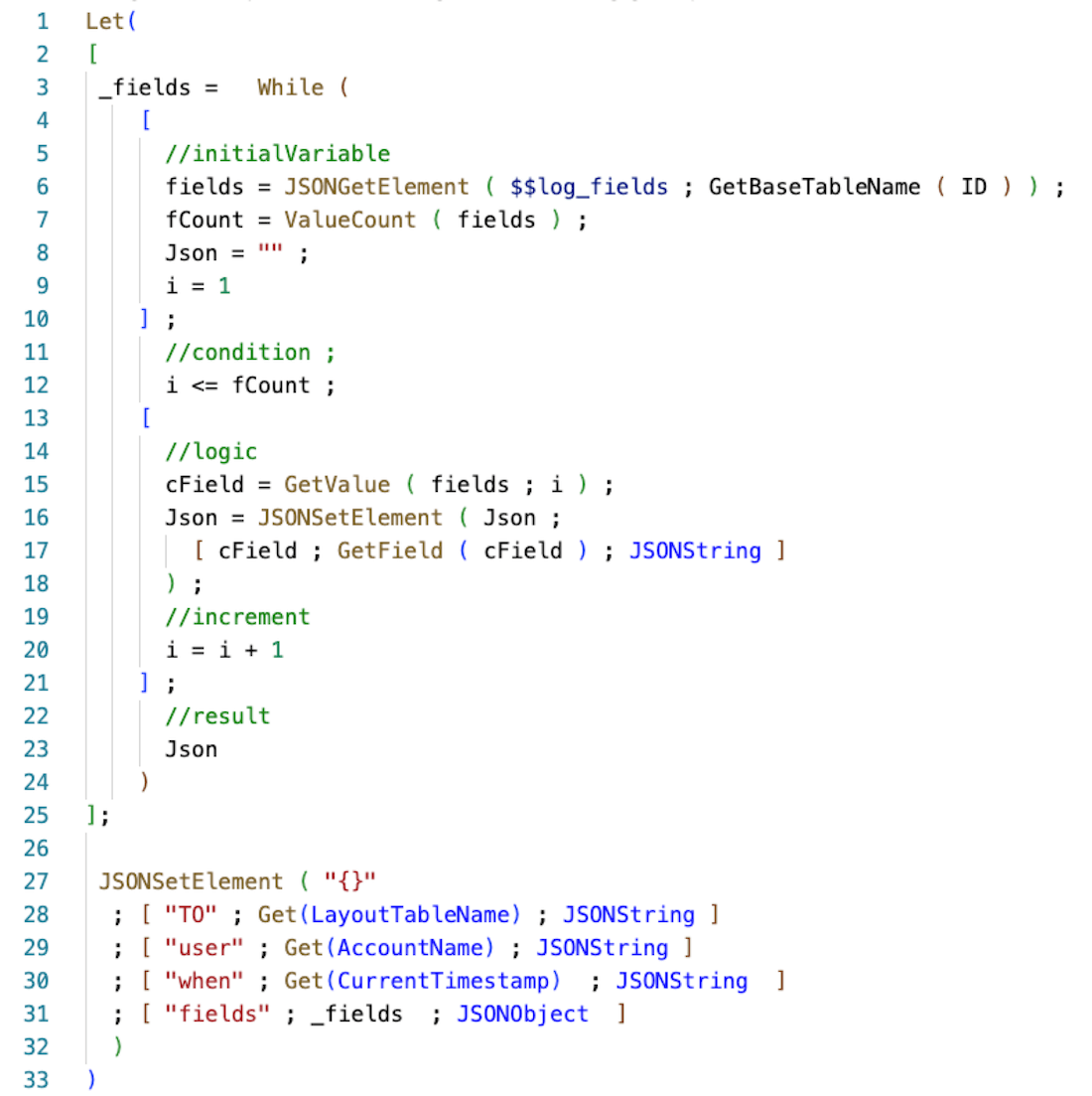 Screenshot script showing Line 31 where the result is added to the JSON