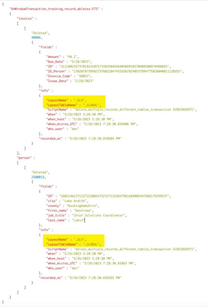 Screenshot showing the resulting JSON from OnWindowTransaction