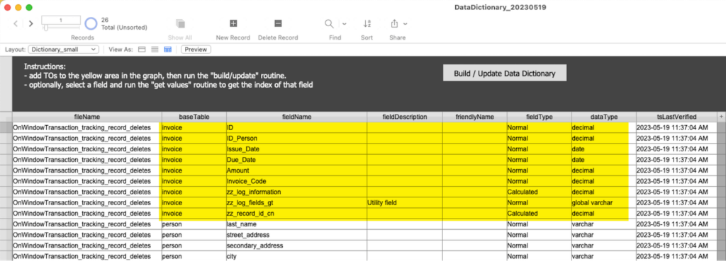 Screenshot of the invoice table highlighting fields to be excluded