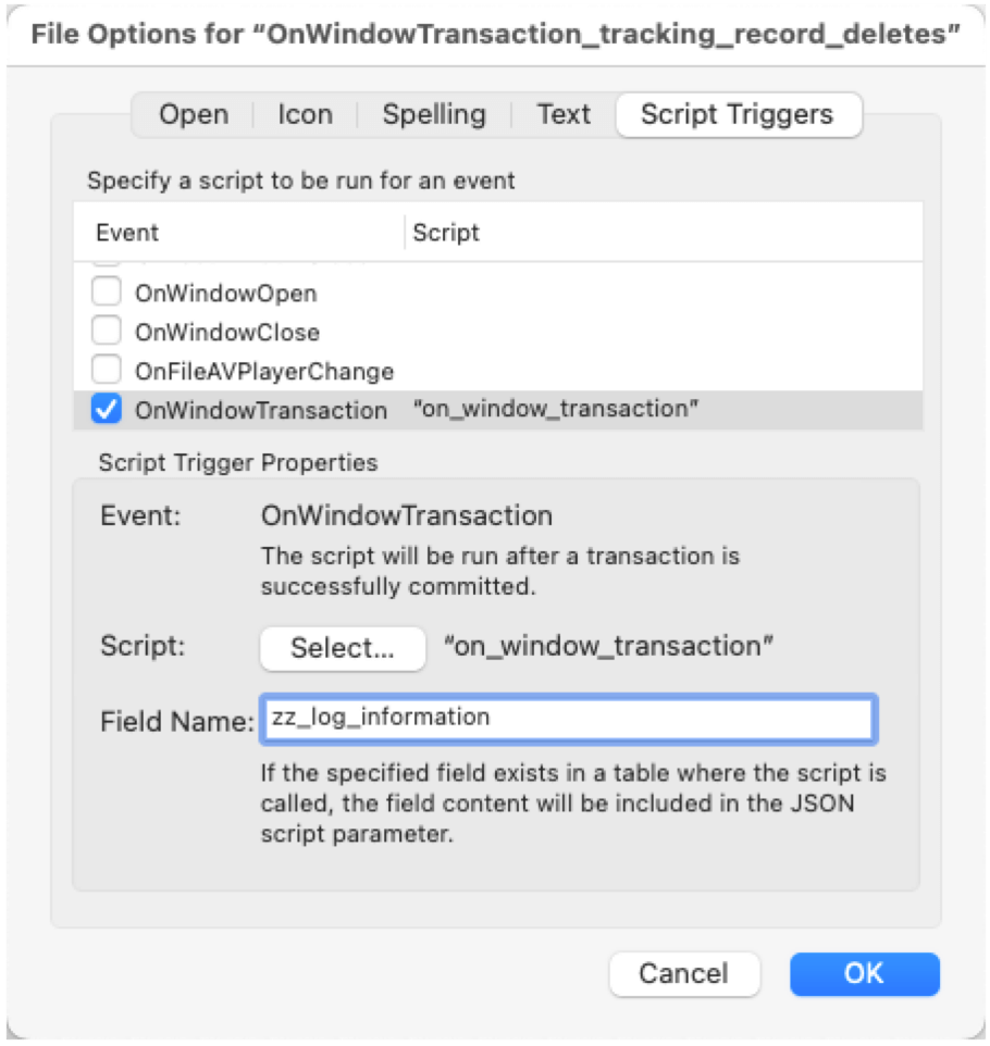 Screenshot of file options for OnWindowTransactino using a field named zz_log_information