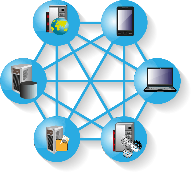 Illustration showing connection between servers and mobile and desktop devices via portals
