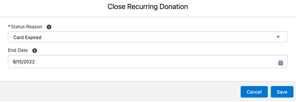 Screenshot of closing a recurring donation on the Recurring Donation Detail page
