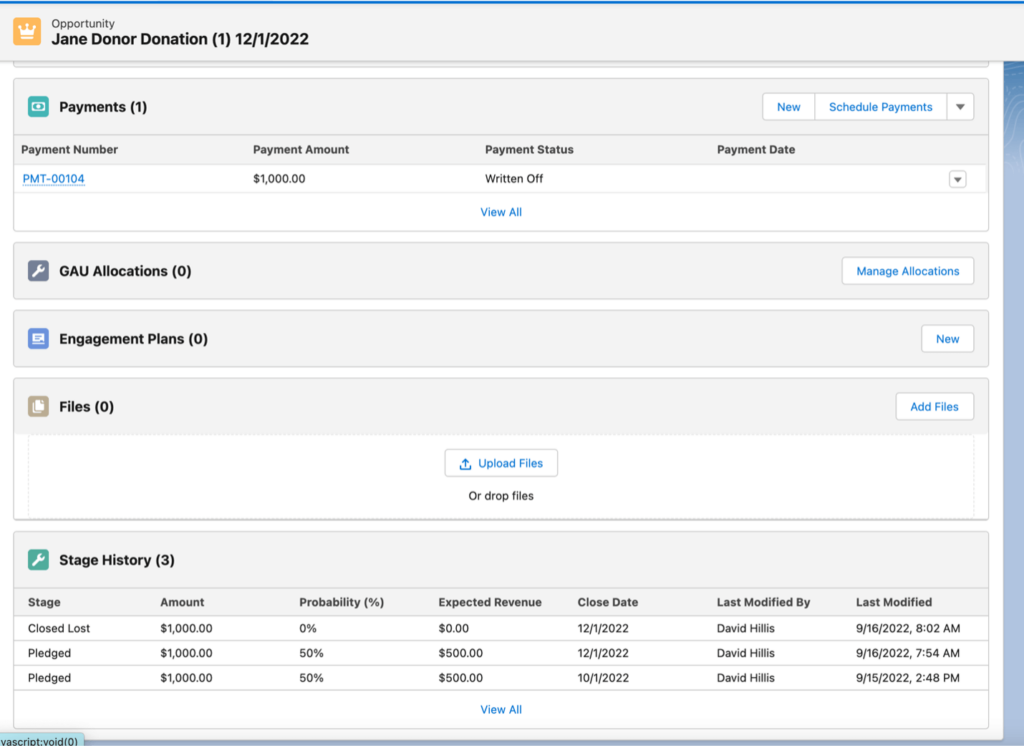 Manage Allocations button for GAU Allocations on the Donation Detail