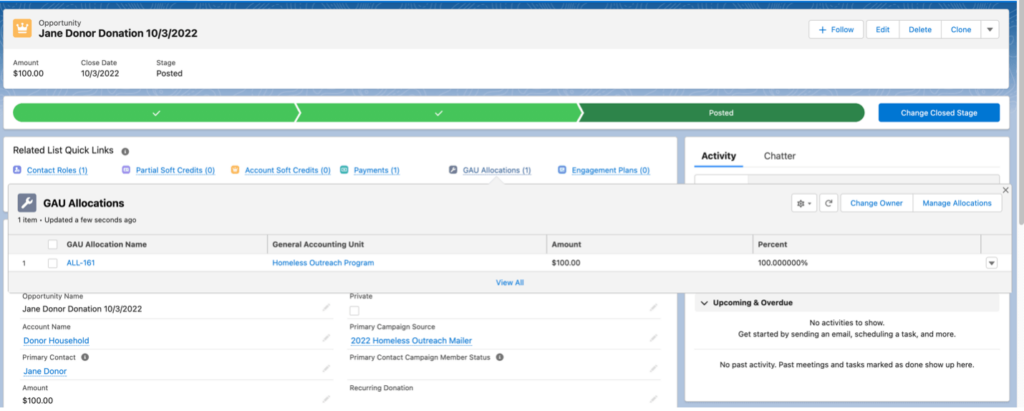 Screenshot showing the GAU Allocation automatically created when a donor's donation is associated with a campaign