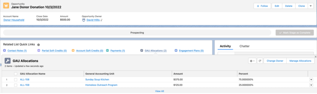 Screenshot of the locaton specified for the Donation