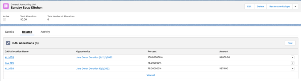 Screenshot of the GAU Related List to view associated GAU Allocations with the GAU