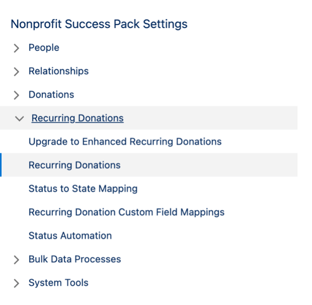 Screenshot of the NPSP Settings to make configuration changes