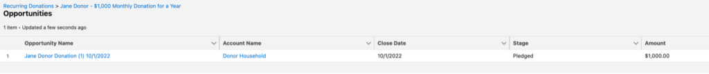 Screenshot of the first installment of the Recurring Donation created as an Opportunity