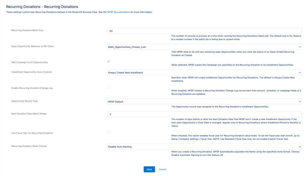 Screenshot of the options on Recurring Donations tab