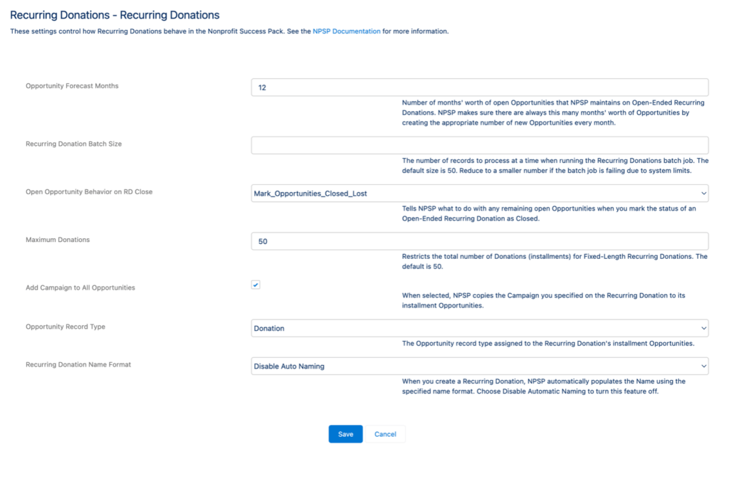 Screenshot of the Recurring Donations Tab