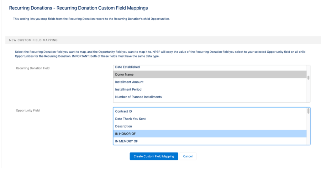 Screenshot of the Recurring Donation Custom Field Mappings tab showing the Recurring Donation Field and Opportunity Field options