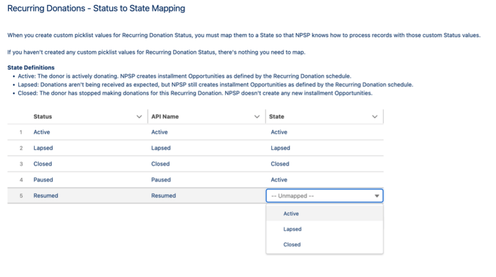 Screenshot of the Status to State Mapping tab