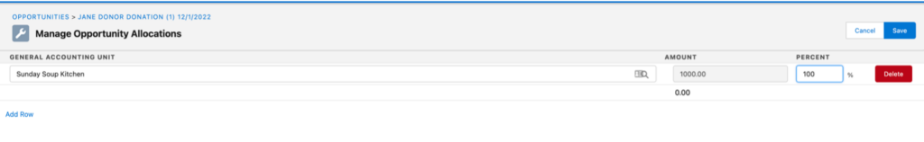 Screenshot of the Manage Opportunity Allocations where an amount or percentage can be specified